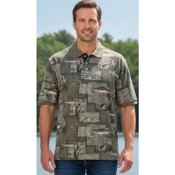Vintage Puritan Men's Large Green/ Brown Trout Fish Dad Outdoor Polo Shirt - Picture 1 of 6